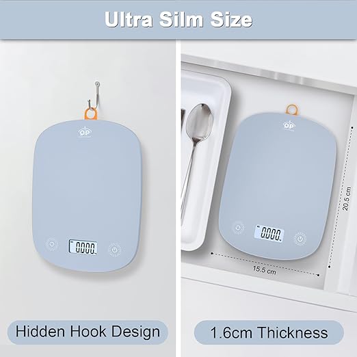 QP Digital Food Scale, 11lb Digital Kitchen Scale, 1g High Accuracy Meat Scale, 6 Units, Cooking Scale with Hook, Ultra Slim Kitchen Weight Scale, Touch Control, Tare Function, Auto Off, LCD Display
