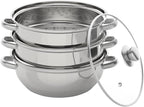 3-Tier Stainless Steel Steamer Pot, Large Capacity Food Steamer for Stove, Multi-Layer Stackable Cooking Steam Pot Kitchen Cookware with Glass Lid for Induction/Gas/Electric Stoves (12.8 Inch)