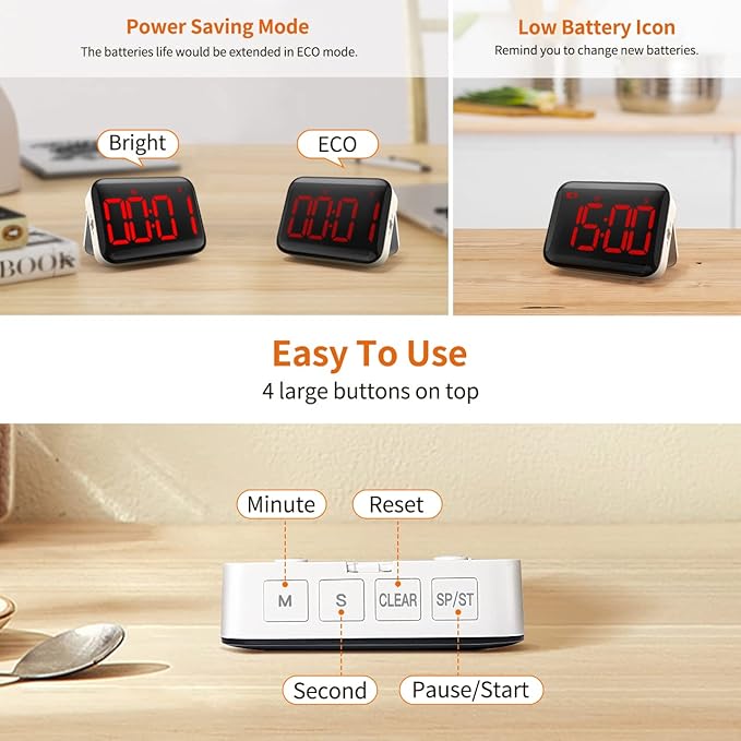 VOCOO Magnetic Kitchen Timer for Cooking with Count Up Countdown, Digital Timer Battery Powered with Large Display, 2 Brightness and Volume Levels for Classroom, Teacher, Kids (Red)