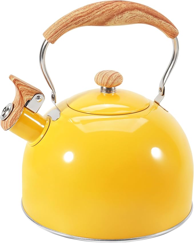 GGC Whistling Tea Kettle for Stove Top, 85OZ/2.6QT Stainless Steel Tea Kettles for Boiling Water Milik or Coffee, Yellow Tea Pots with Wood Pattern Folding Handle, Thumb Design Control Kettle Outlet