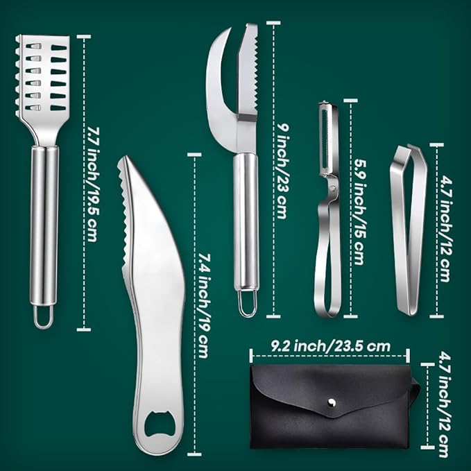 Comfecto 5 Pcs Stainless Steel Fish Scaler Remover Scraper with Sawtooth, Sturdy Ergonomic Fish Skin Graters with Bone Tweezer Dig Out Blade Knife Peeler Bottle Opener and Pouch, Reguler, Silver