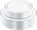 I00000 60pcs Silver Plastic Plates, Disposable Plastic Party Plates with White Silver Rim Heavy Duty Fancy Wedding Party Plates Include 30 Dinner Plates 10.25" and 30 Dessert Appetizer Plates 7.5"