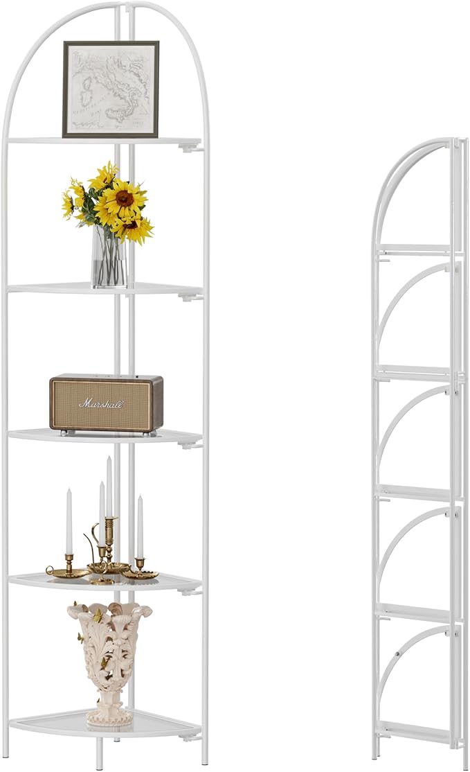 Crofy Foldable 5 Tier Corner Shelf, Metal Corner Plant Stand with White Frame and Transparent Shelves, Corner Display Rack Multipurpose Shelving Unit for Living Room, Bedroom, Bathroom
