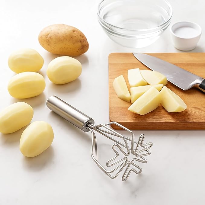 HIC Kitchen 2-In-1 Mix N’Masher Potato Masher, 18/8 Stainless Steel, For Potatoes, Vegetables, Fruits, Guacamole, Baby Food, And Eggs