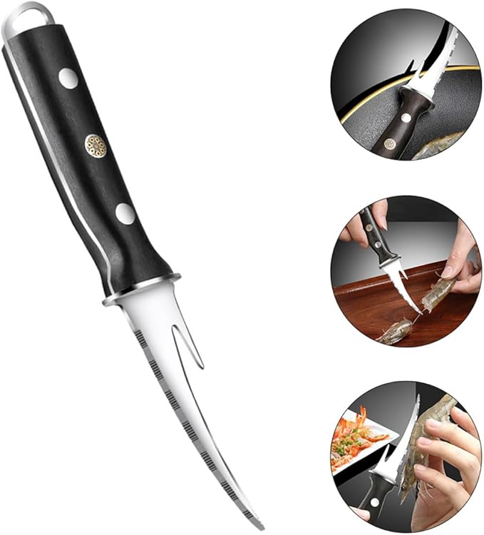 Shrimp Line Cutter and Peeling Knife with Wood Handle, Seafood Cleaning Tool for Shrimp Deveining and Fish Fillet Preparation, Kitchen Specialty Gadget for Home Cooking