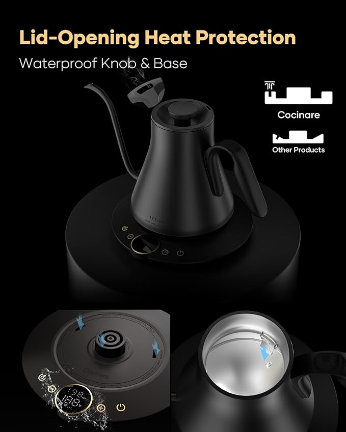 Cocinare Barista Collection Gooseneck Electric Kettle, ±1℉ Precise Temperature Control for Pour-Over Coffee & Tea, Quick Heating 1500W, Stainless Steel Interior, 0.9L (Matte Black)