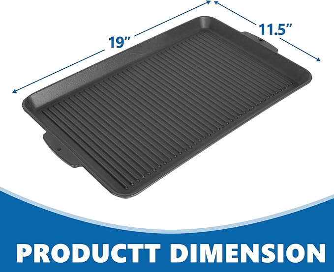 SafBbcue 19 x 11.5 Inch Cast Iron Griddle Pan - Versatile for Stovetop, Oven, Grill & Campfire, Features a Ridged Surface, Suitable for Kitchen and Outdoor Cooking, Pan Frying, Baking