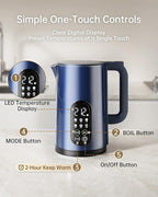 Electric Kettle with Temperature Control, 1.7L Stainless Steel Hot Water Kettle, 5 Presets for Tea & Coffee, 2H Keep Warm, Fast Boil, Auto Shut-Off & Boil-Dry Protection, Cordless Tea Kettle,Blue