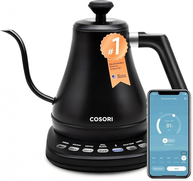 COSORI Electric Gooseneck Kettle Smart Bluetooth with Variable Temperature Control, Pour Over Coffee & Tea Maker, 100% Stainless Steel, Quick Heating, Matte Black