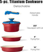 CAROTE 5Pcs Titanium Cookware Set, Pots and Pans Set Non Stick, Kitchen Cooking Set with Detachable Handle, Non Toxic Induction Cookware, Dishwasher/Oven Safe，Memphis Design