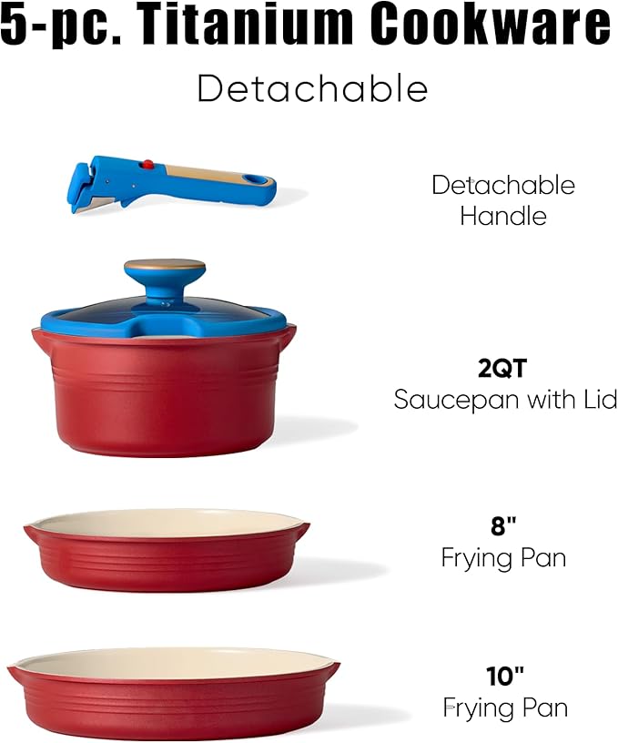 CAROTE 5Pcs Titanium Cookware Set, Pots and Pans Set Non Stick, Kitchen Cooking Set with Detachable Handle, Non Toxic Induction Cookware, Dishwasher/Oven Safe，Memphis Design