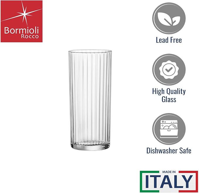 Bormioli Rocco Exclusiva Tom Collins Glasses - Set of 12, Laser Cut Thin Rim, Secure Edge Thermal Strong Rims - 16oz Star Glass Tumblers for Cocktails, Water & Beverages, Made in Italy, Lead-Free