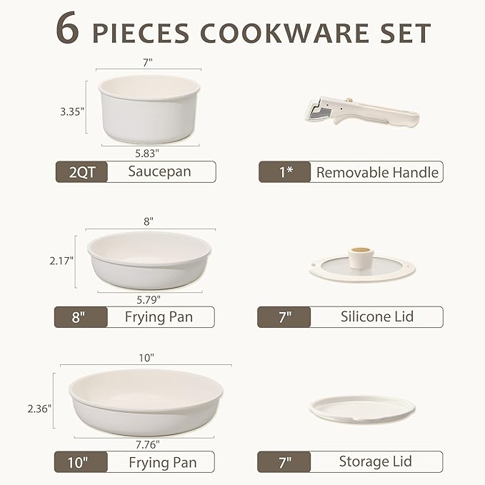 CAROTE 6pcs Pots and Pans Set Non Stick, Cookware Sets, Kitchen Set, Oven/Fridge Safe, Space Saving Pots Set, Nonstick Cooking Set with Versatile Detachable Handle, Induction RV Set