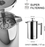Secura French Press Coffee Maker, 304 Grade Stainless Steel Insulated Coffee Press with 2 Extra Screens, 17oz (0.5 Litre), Silver