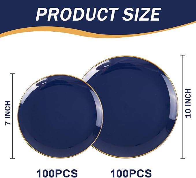 PULOTE 200 Pieces Blue Plastic Plates - Navy Blue and Gold Disposable - Include 100PCS 10 inch Dinner & 100PCS 7 inch Dessert Plate for Party & Hanukkah