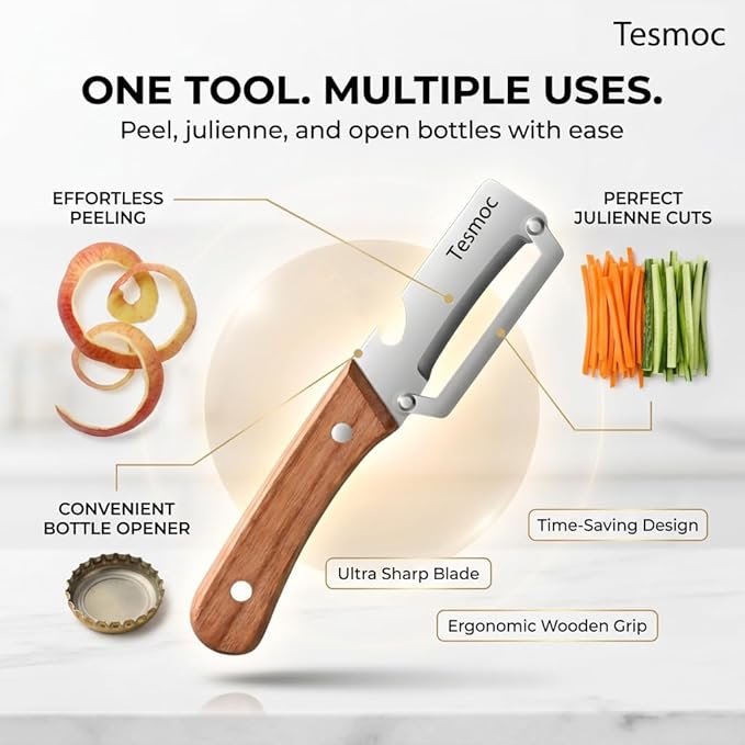 Multifunctional Fruit and Vegetable Peeler,Premium Stainless Steel Blade,Wooden Handle Hand Tool with Bottle Opener,Julienne Peeler for Potato,Cucumber,Orange,Pineapple,Veggie (1)