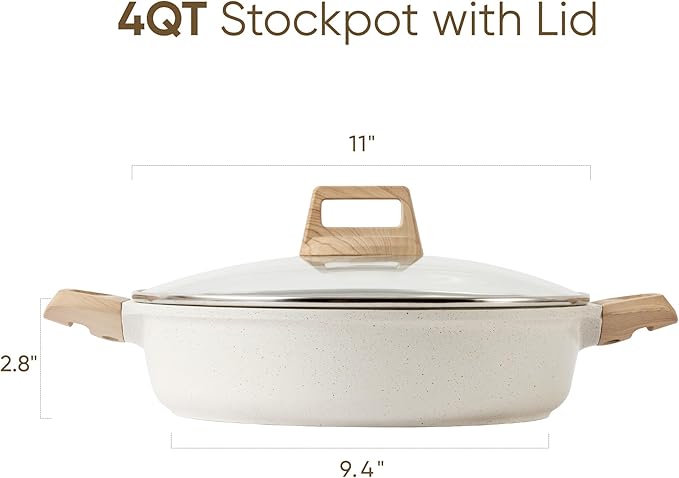 CAROTE Nonstick Stock Pot with Lid Soup Pot, 4 Quart with Lid, Casserole Super Easy to Clean Non Stick Cooking Pot Cookware PFOA Free, White Granite