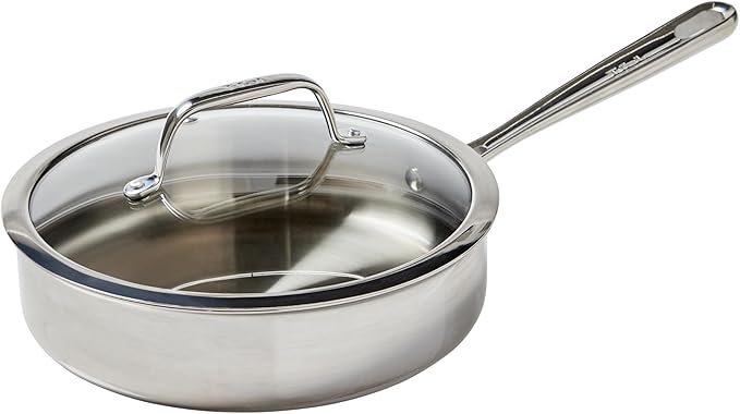 T-Fal Pro Tri-Ply Stainless Steel Saute Pan with Lid, 3 Quart, Induction Pot, Oven Safe 500F, Lid 350F, Deep Frying Pan, Fast & Even Heat, Professional Quality, Durable, Silver