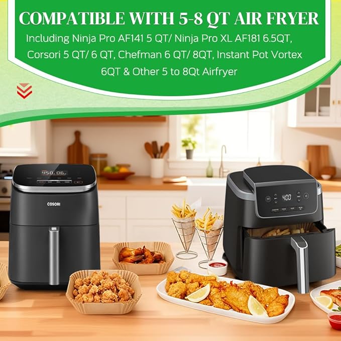 BYKITCHEN 300PCS Disposable Air Fryer Paper Liners for Ninja AF141 5 QT Pro AF181 6.5QT, Cosori Chefman 6 QT &Other 5 to 8Qt Airfryer, 8in Square Air Fryer Parchment Paper, Airfryer Basket Accessories