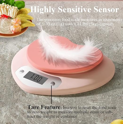 Cute Kitchen Scale, Digital Food Scale with LCD Display, 11 ib (5kg) Capacity, 0.03 oz (1g) Precise Weight Measuring for Baking Cooking (Pink)