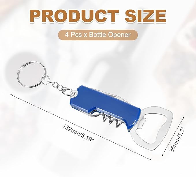 uxcell 4 Pcs Wine Opener, Bottle Opener Keychain, Durable Stainless Steel Waiter's Corkscrew, Compact All-In-One Home Bar Tool for Bar, Party, Wedding, Home, Travel, Blue