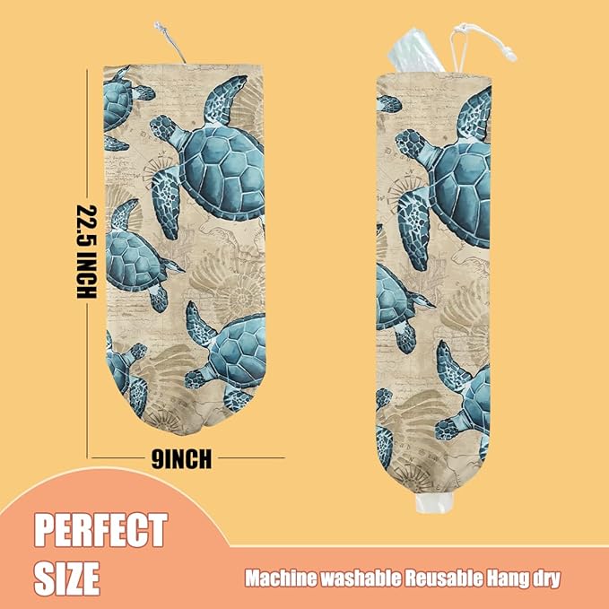 Sea Turtle Plastic Bag Holder, Wall Mount Grocery Bag Holder, Plastic Storage bag, Pull Rope Free Adjustment, Plastic Bag Holders for Grocery Bags, Plastic Bag Dispenser for Home Kitchen