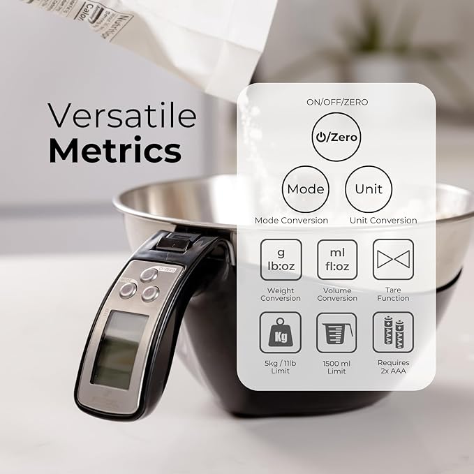 Fradel Digital Kitchen Food Scale with Bowl - 11lb, Grams & Ounces - Removable, Dishwasher-Safe Mixing Bowl - Black
