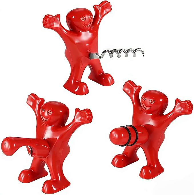 Funny Red Man 3 Pcs Wine & Beer Opener Set – Novelty Corkscrew, Bottle Opener & Stopper – Gag Gift for White Elephant, Housewarming, Birthday for Men – Unique Bar Tools