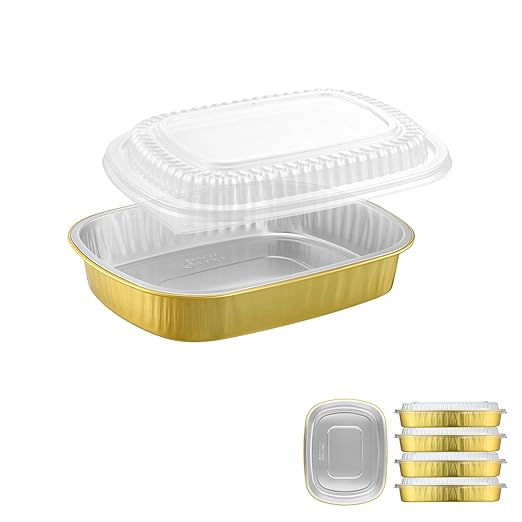 Oval Aluminum Foil Food Trays with Lids (5 Pack) – 2X Thicker Heavy Duty Gold Takeout Containers for Catering, Parties, Meal Prep & Food Serving, 50oz