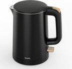 Small Electric Kettle, 0.8L Water Boiler & Heater, 1000W Hot Tea Pot, Double Wall Stainless Steel Cool Touch, Mini Coffee Kettle with Auto Shut Off & Boil Dry Protection, BPA-Free, Black Gold