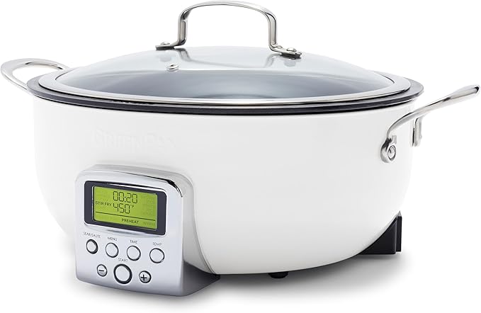 GreenPan Elite Essential Smart Electric 6QT Skillet Pot,Sear Saute Stir-Fry and Cook Rice, Healthy Ceramic Nonstick and Dishwasher Safe Parts, Easy-to-use LED Display, PFAS-Free, Cream White