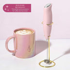 Paris Hilton Electric Handheld Milk Frother with Double Coil Head Whisk and Gold Metal Stand, Battery Powered (2 AA Batteries Required but Not Included), Pink