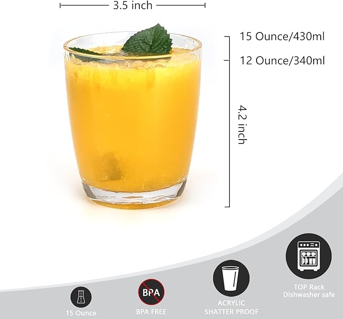 Set of 6 Hammered Style 15-ounce/430ml Acrylic Glasses Plastic Tumbler,BPA Free,Dishwasher Safe (Clear color)