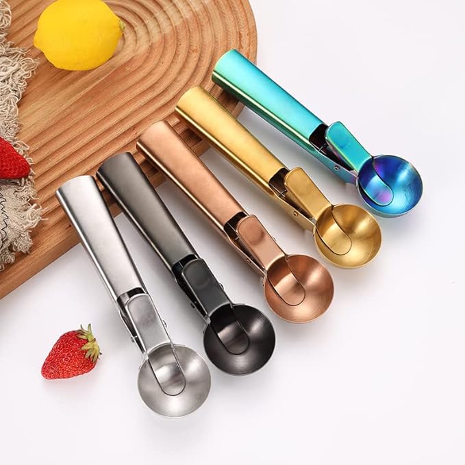 Ice Cream Scoop, 2Pcs Stainless Steel Gold Cookie Scoop with Trigger Melon Baller Scooper Cones, Specialty Tools and Gadgets, Ice Cream Spoon Food Scoop for Frozen Yogurt Sundaes Fruit Cookie