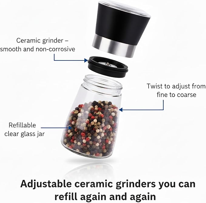 Salt and Pepper Grinder Shakers Set Spice Mill Refillable Grinders (2.5 inches x 5.1 inches)