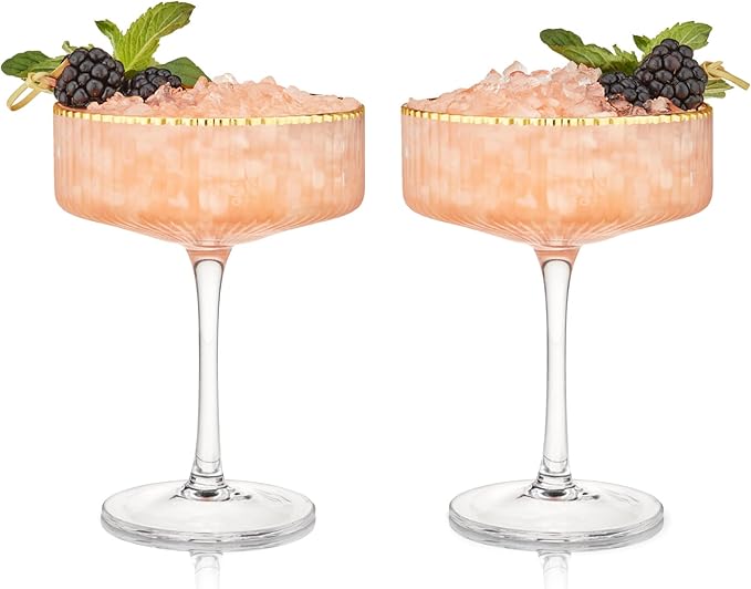 Viski Meridian Vintage Coupe Glasses, Art Deco Champagne Coupe Glassware, Gold Rimmed Stemmed Drinkware Set of 2, 11.5 oz