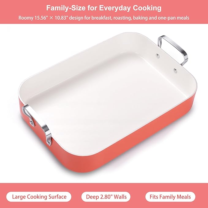 Double Burner griddle Pan,griddle pan for stove top & Oven,15.6x10.8 Ceramic Nonstick stovetop griddle,PFAS-Free,Induction Ready,Stainless Handles,Oven Safe 428°F,4.8QT，Terracotta Red