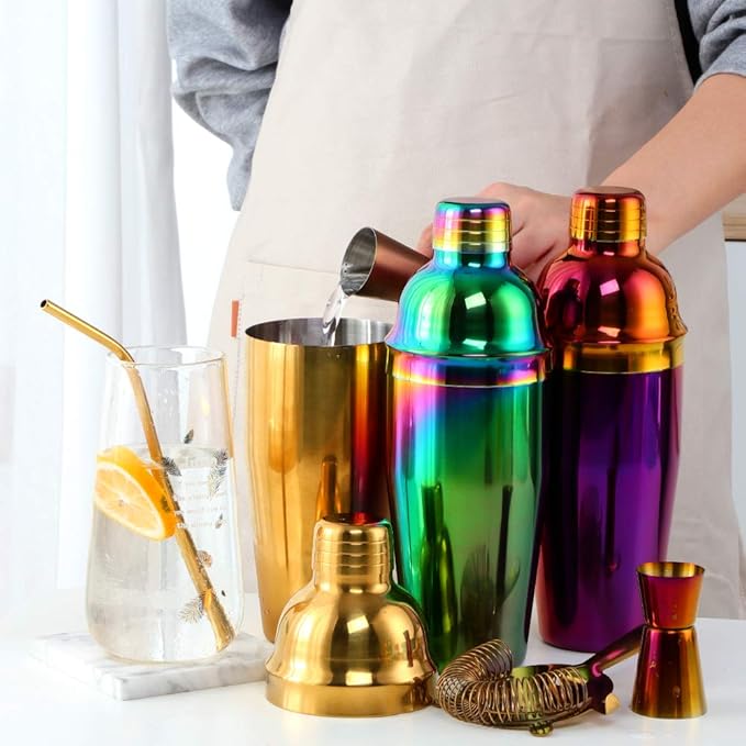 Cocktail Shaker Martini Shaker Set, Stainless Steel Bar & Wine Tools, 24 OZ Bartender Kit, Drink Mixer, Built-In Strainer For Home Bars Parties(Rainbow)