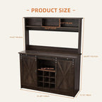 4ever2buy Farmhouse Coffee Bar Cabinet with Storage, 47” Wine Bar with Sliding Barn Doors and 3 Storage Hutch, Hutch Cabinet with 6 Hooks & 9 Wine Racks for Dining Room, Kitchen, Dark Oak