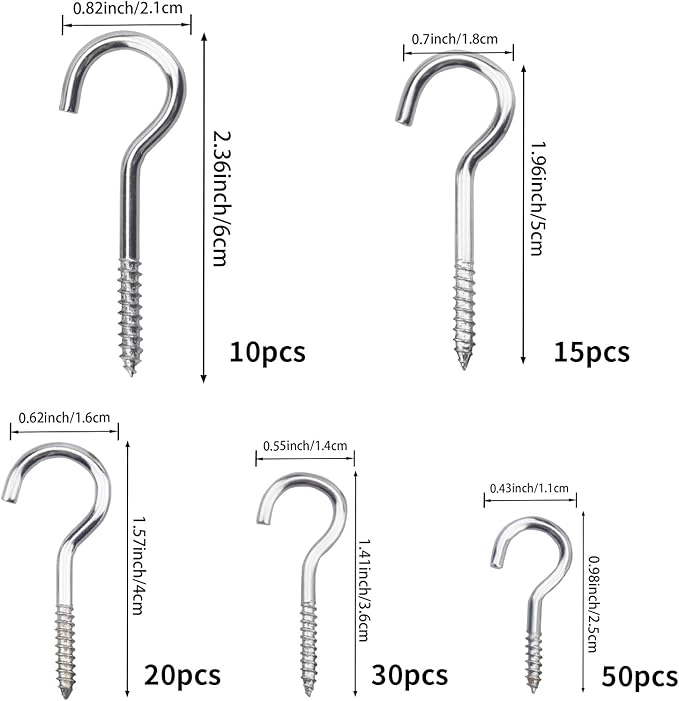125 Pcs Ceiling Hooks for Hanging Plants - 5 Sizes Metal Screw Hooks Heavy Duty,DIY Hanging Hooks Decors for Christmas String Lights Cup Wind Chime,Bird Feeders Indoor&Outdoor (Silvery, 125PCS)