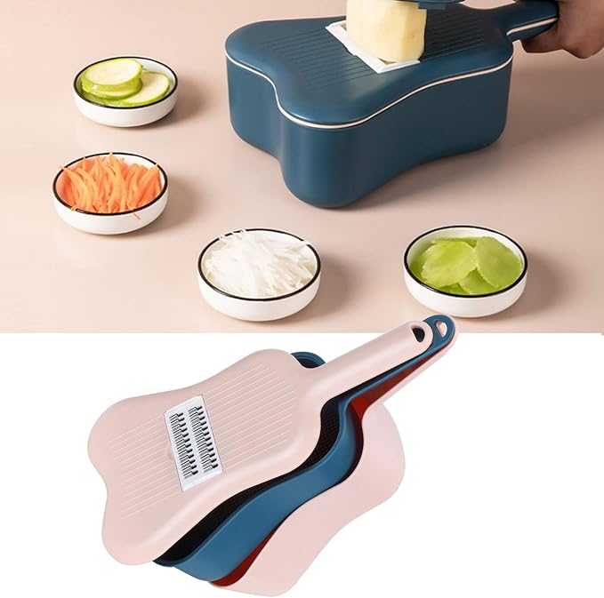 11PCS Vegetable Grater with Container, 6 Blades Violin Shaped Vegetable Slicers Set Peeler Drain Basket Cutting Board Hand Protector for Kitchen (Dusty Pink)