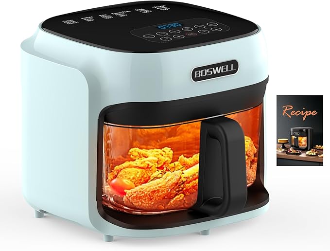 BOSWELL Glass Air Fryer, 7.5 QT with Transparent Fry Bowl, Circulating Heating, Temperature Control, Stainless Steel Air Fryer Roast, Dishwasher Safe (Green)