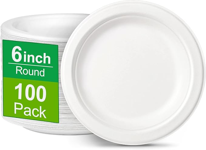 6 inch Paper Plates - 100 Pack, Compostable, Small White Plates for Dessert, Cake, Appetizer
