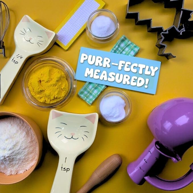 Cute Cat Measuring Spoons Set with Ribbon, Cute Cat Gifts for Women, Cat Themed Kitchen Accessories for Cat Baking Supplies, Ceramic Measuring Spoons for Cat Lover, Baking Gifts for Women (Set of 5)