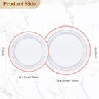 BESTVIP 100PCS Rose Gold Plastic Plate, Disposable Party Plates with 50 Dinner and 50 Dessert Plates, Plastic Plate for Party, Wedding and Birthday
