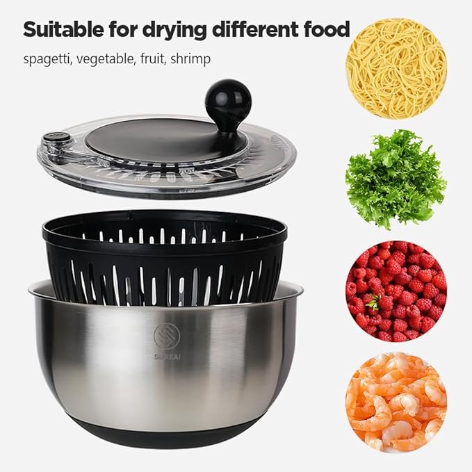 Salad Spinner with 5 Blades – 5L Large Capacity Vegetable Washer & Dryer, Push Button Fast Spin, Built-in Drain System, Stainless Steel Bowl, Non-Slip Base – All-in-One Kitchen Prep Tool