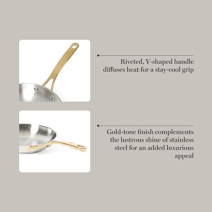 Martha Stewart Castelle 8-Inch Stainless Steel Frying Pan with Gold-Tone Handle – Tri-Ply Encapsulated Bottom, Oven Safe & Induction Safe Skillet for Searing and Sautéing