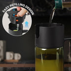 2-IN-1 500ml/17oz Light-Blocking Dark Oil Sprayer for Cooking with Sticker, Dark Green Glass Olive Oil Dispenser Bottle for Kitchen, Even Spray with Portion Control, Perfect for Air Fryer, BBQ - Black