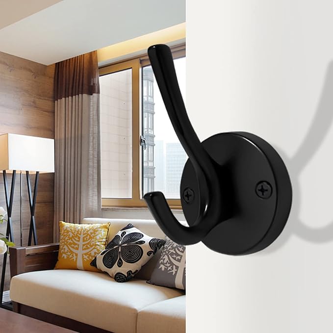 Matte Black Wall Hooks, 4 Pack Heavy Duty Coat Towel Hook Metal Double Backpack Hook Wall Mounted, Bath Towel Hooks for Entryway Cubicle Bathroom Closet Garage