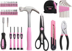 39 Piece All Purpose Basic Household Pink Tool Kit for Women - Small Tool Set with Toolbox Great for Home, Garage, Office and College Dormitory Use